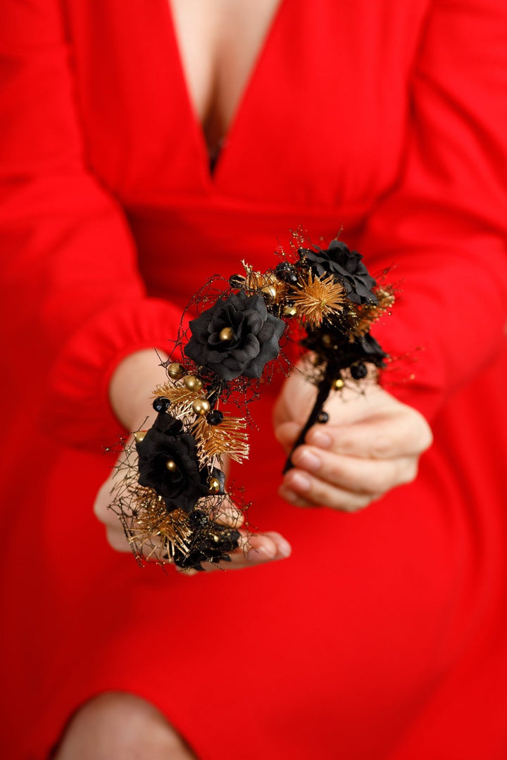 Gothic Black Flower Crown Headpiece for Weddings & Halloween - OlhaHeadband