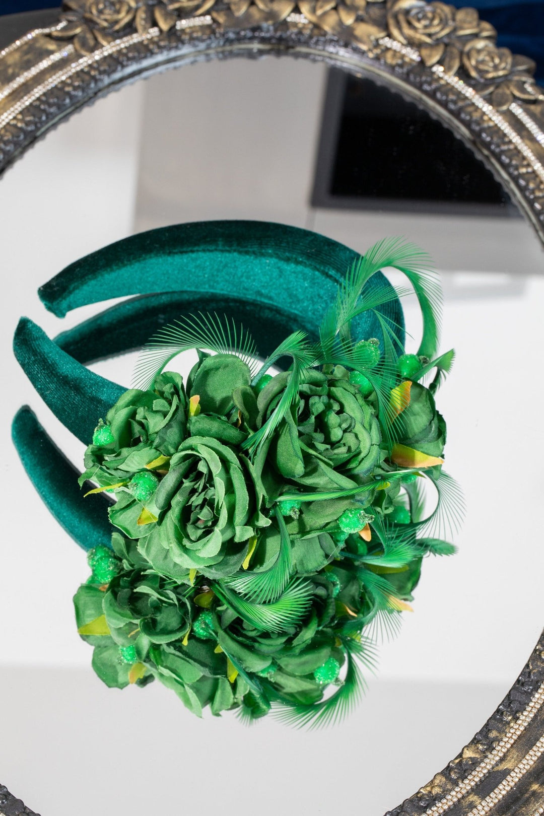 green fascinator flower and feathers - OlhaHeadband