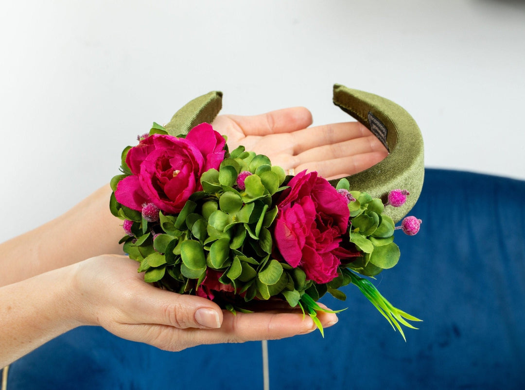 Green Magenta Floral Headband - for Weddings - Modern Brides - OlhaHeadband