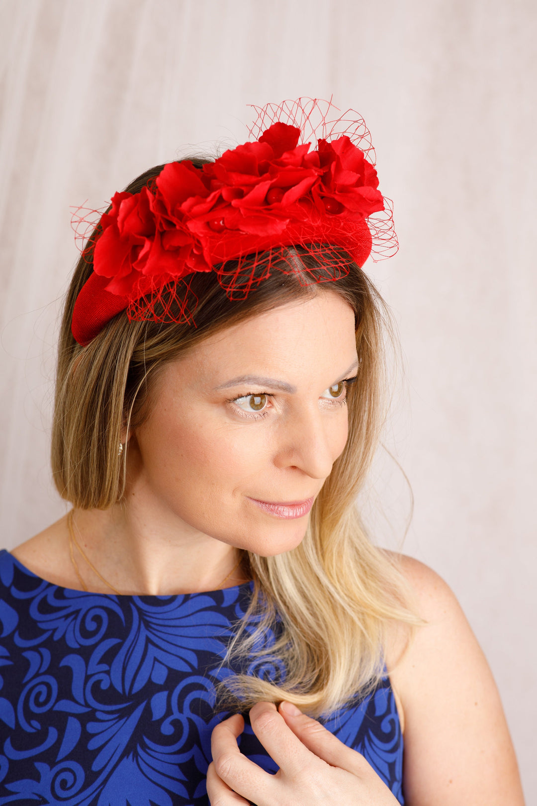 Red Floral Fascinator Headband with Veil for Wedding & Derby