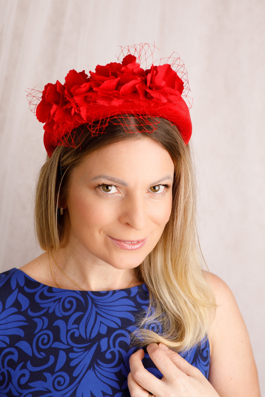 Red Floral Fascinator Headband with Veil for Wedding & Derby