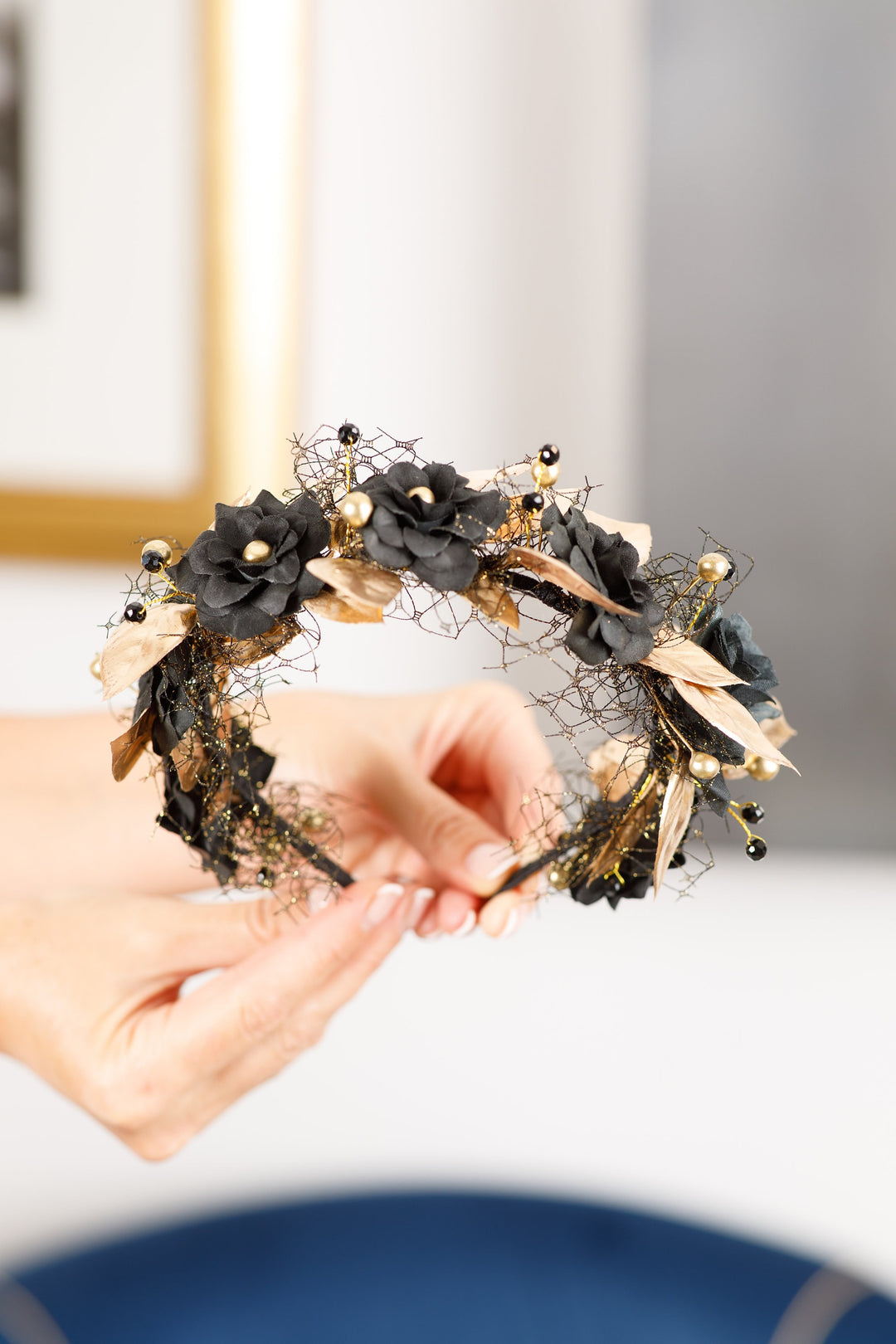 Gothic Flower Crown with Gold Leaves & Web Veil – Black Halo Headpiece