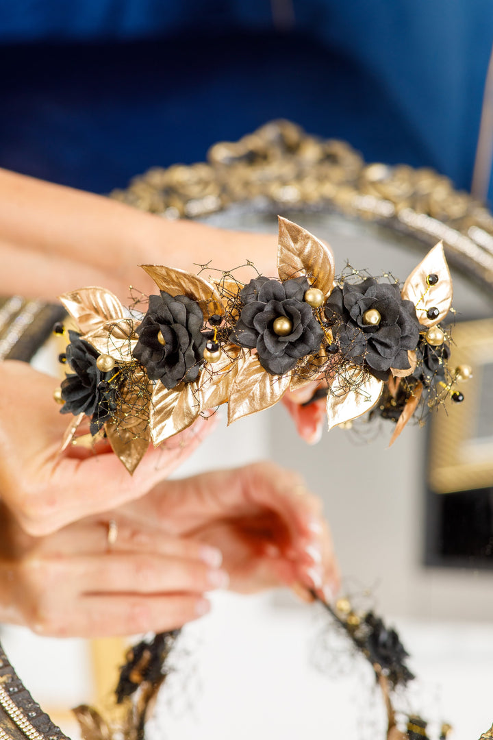 Gothic Flower Crown with Gold Leaves & Web Veil – Black Halo Headpiece