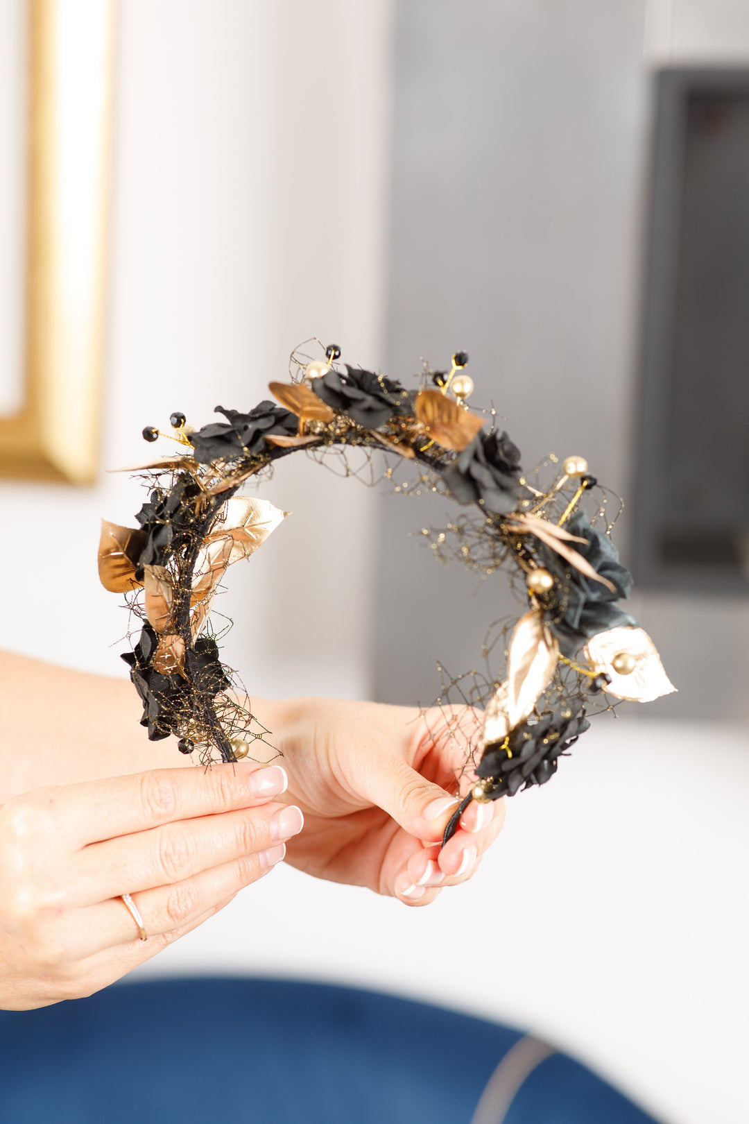 Gothic Flower Crown with Gold Leaves & Web Veil – Black Halo Headpiece