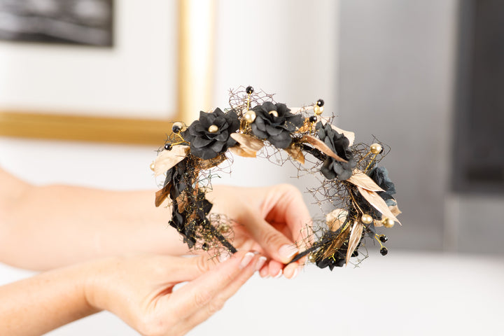 Gothic Flower Crown with Gold Leaves & Web Veil – Black Halo Headpiece