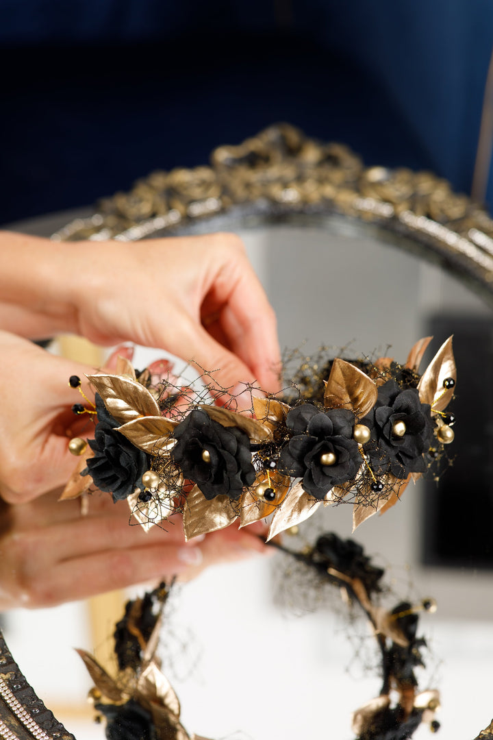 Gothic Flower Crown with Gold Leaves & Web Veil – Black Halo Headpiece