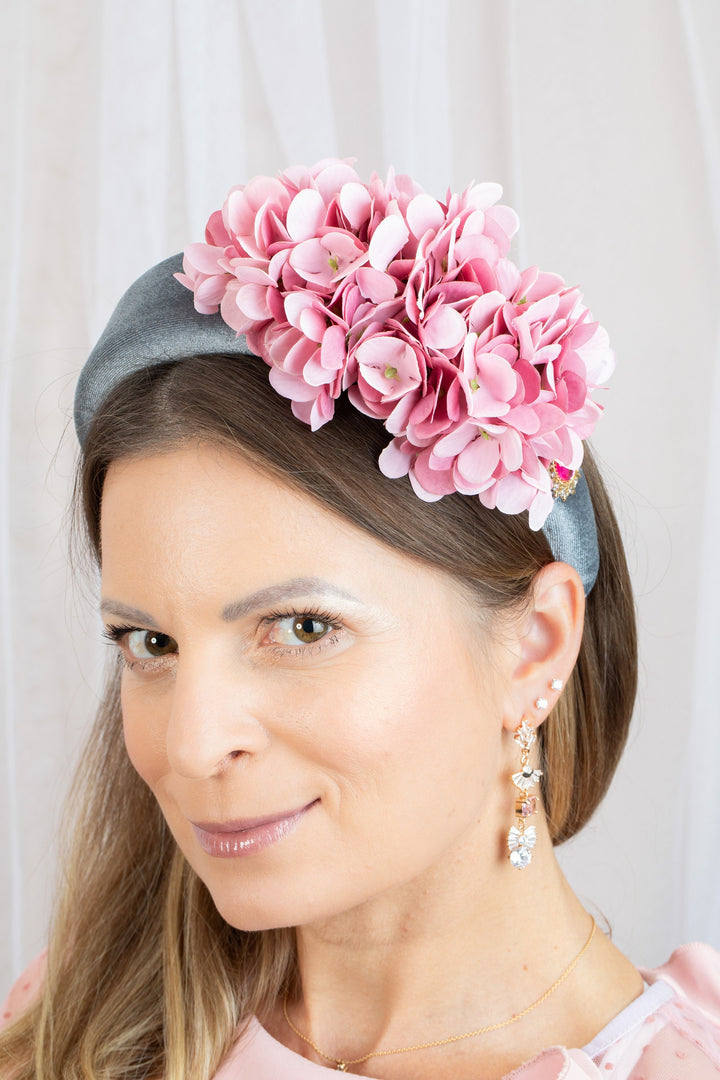 Grey Padded Fascinator Headband with Pink flowers