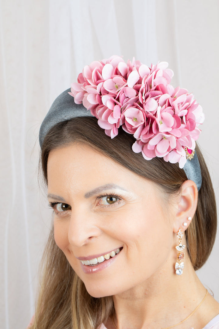 Grey Padded Fascinator Headband with Pink flowers