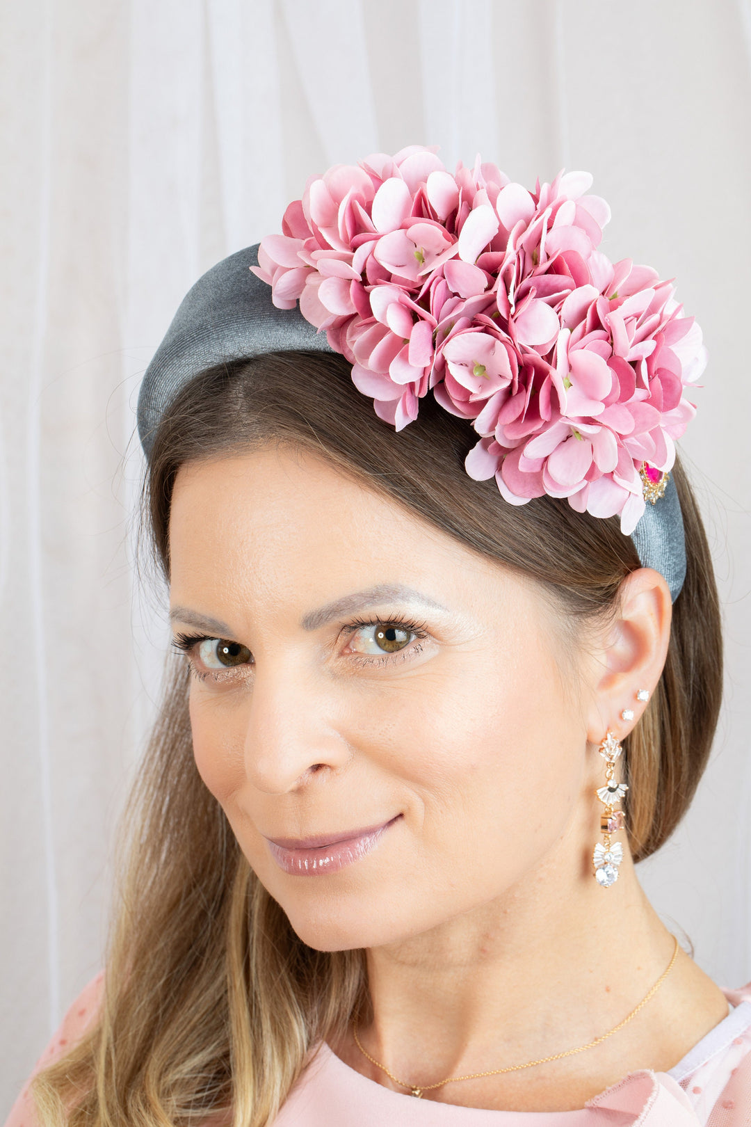 Grey Padded Fascinator Headband with Pink flowers