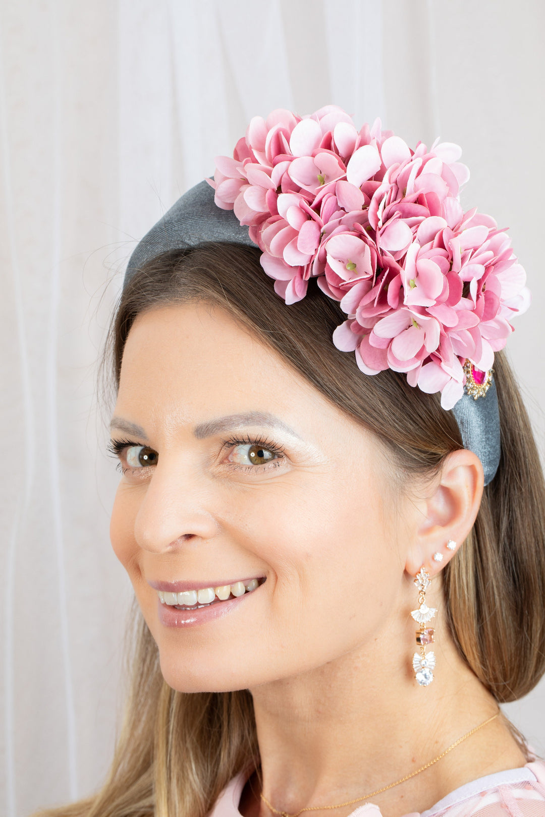 Grey Padded Fascinator Headband with Pink flowers
