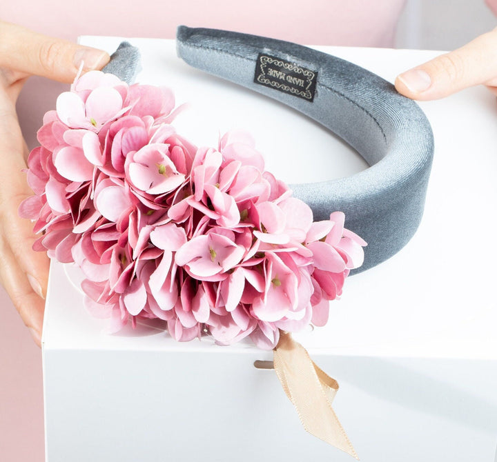 Grey Padded Fascinator Headband with Pink flowers