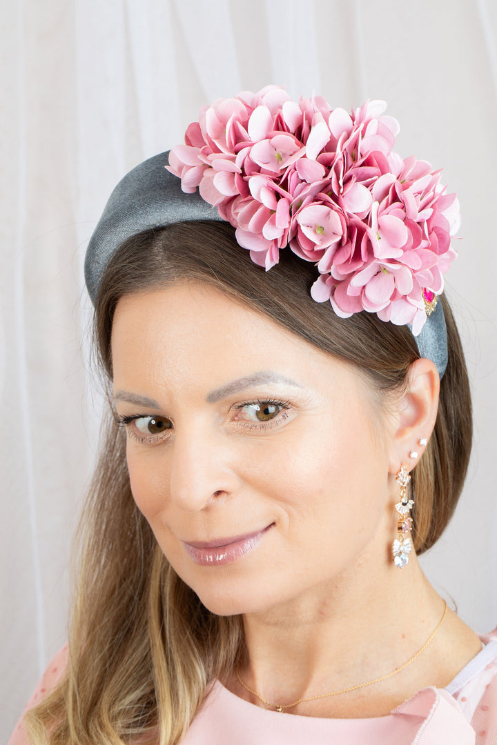 Grey Padded Fascinator Headband with Pink flowers