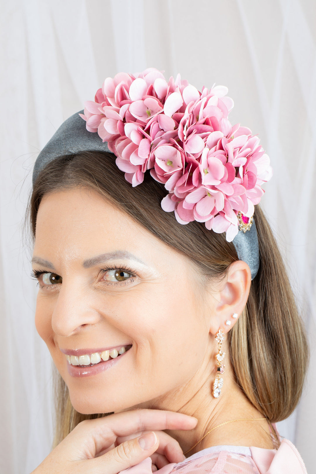Grey Padded Fascinator Headband with Pink flowers