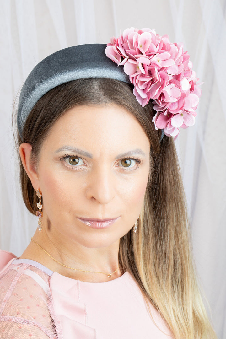 Grey Padded Fascinator Headband with Pink flowers