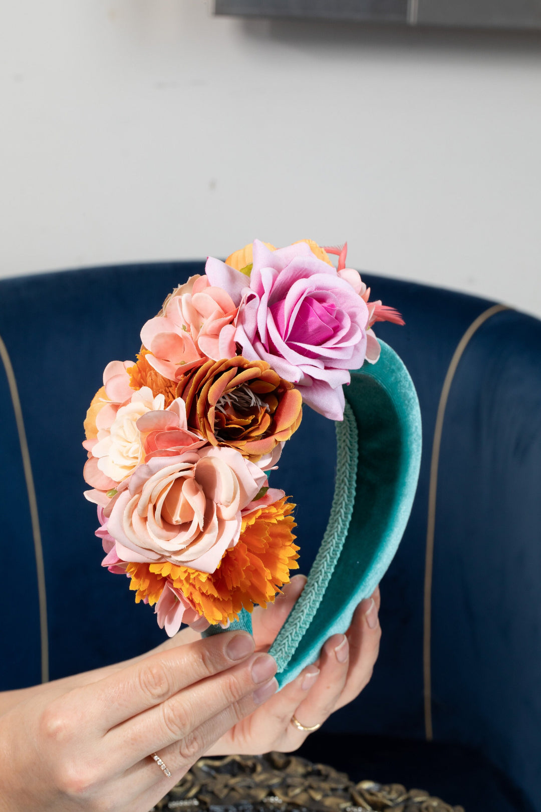 Mint green fascinator headband, padded velvet, peach blush orange cream flowers, feather headpiece