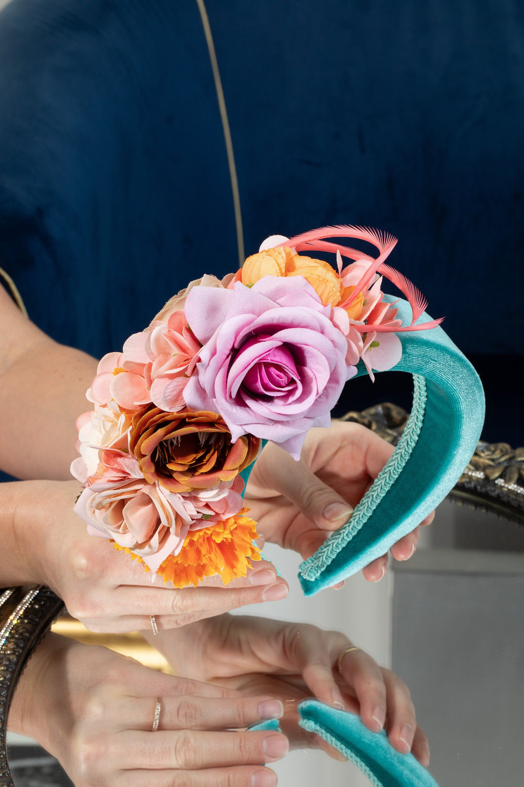 Mint green fascinator headband, padded velvet, peach blush orange cream flowers, feather headpiece