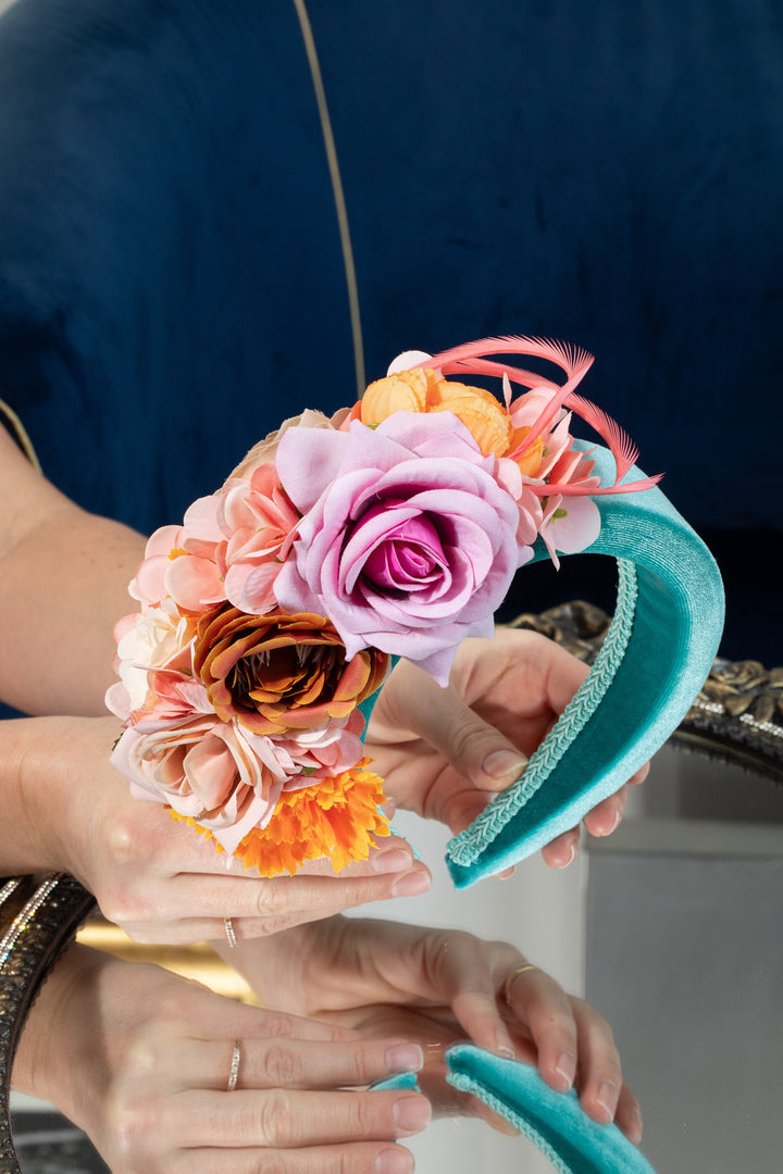 Mint green fascinator headband, padded velvet, peach blush orange cream flowers, feather headpiece