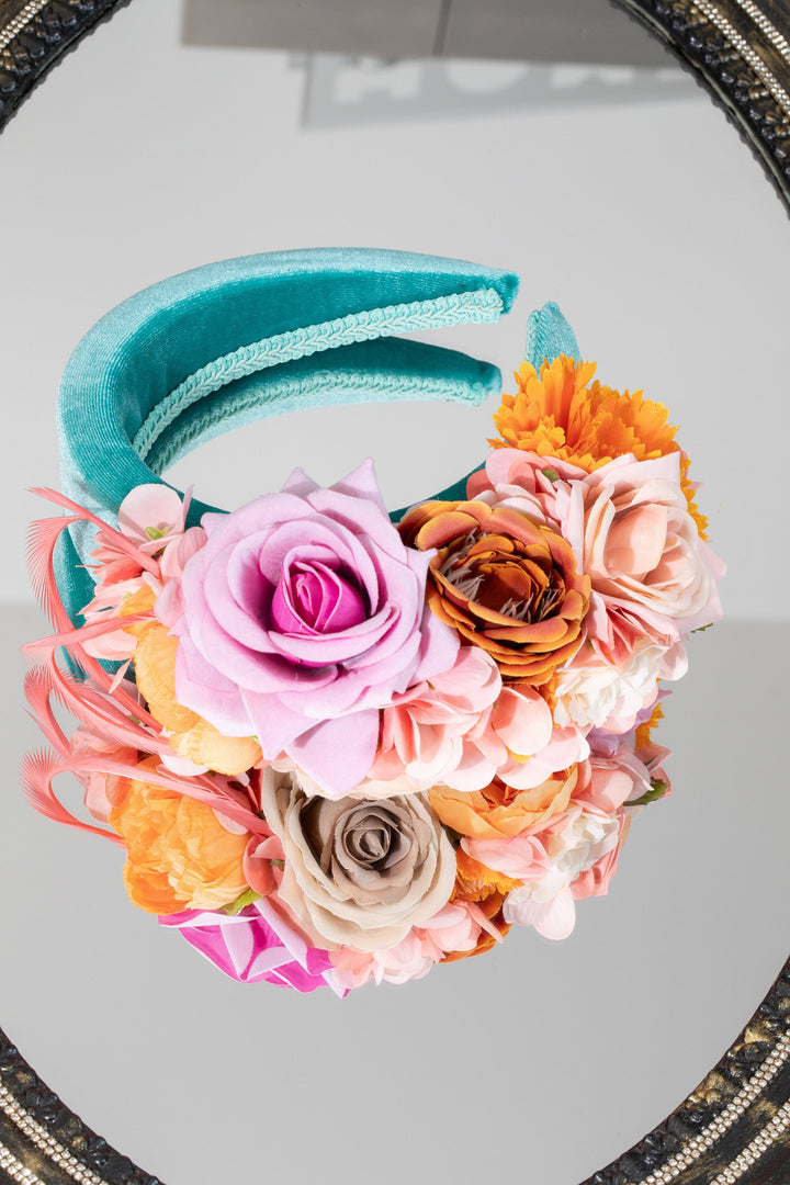 Mint green fascinator headband, padded velvet, peach blush orange cream flowers, feather headpiece
