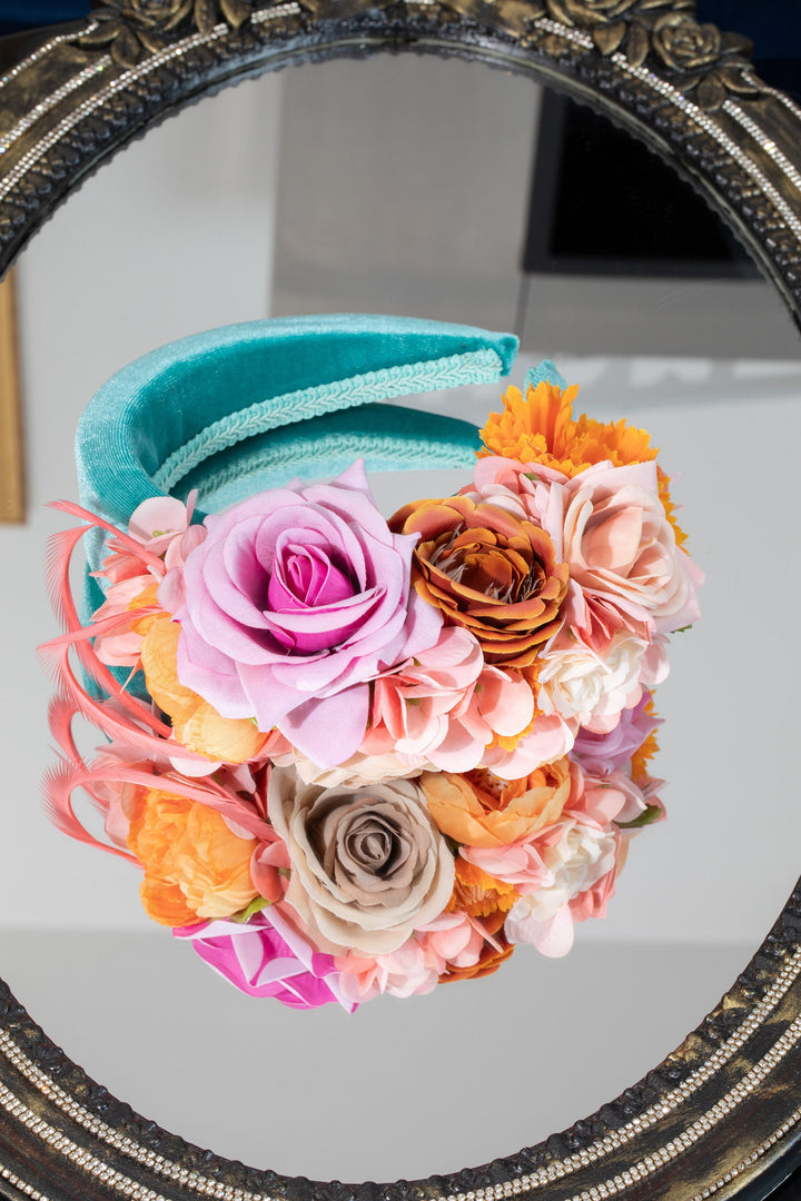Mint green fascinator headband, padded velvet, peach blush orange cream flowers, feather headpiece