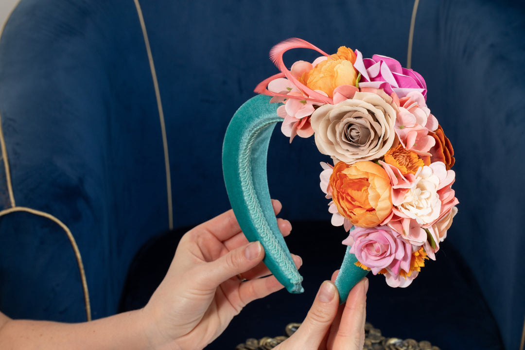 Mint green fascinator headband, padded velvet, peach blush orange cream flowers, feather headpiece