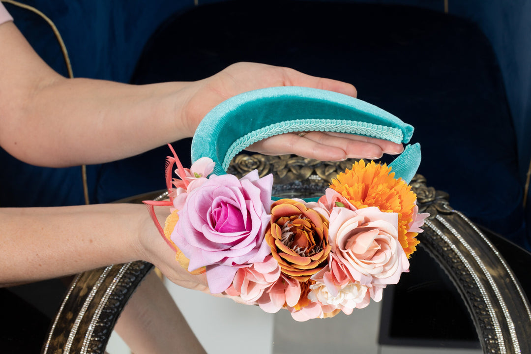 Mint green fascinator headband, padded velvet, peach blush orange cream flowers, feather headpiece