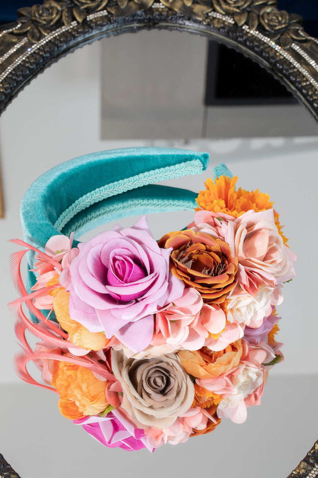 Mint green fascinator headband, padded velvet, peach blush orange cream flowers, feather headpiece