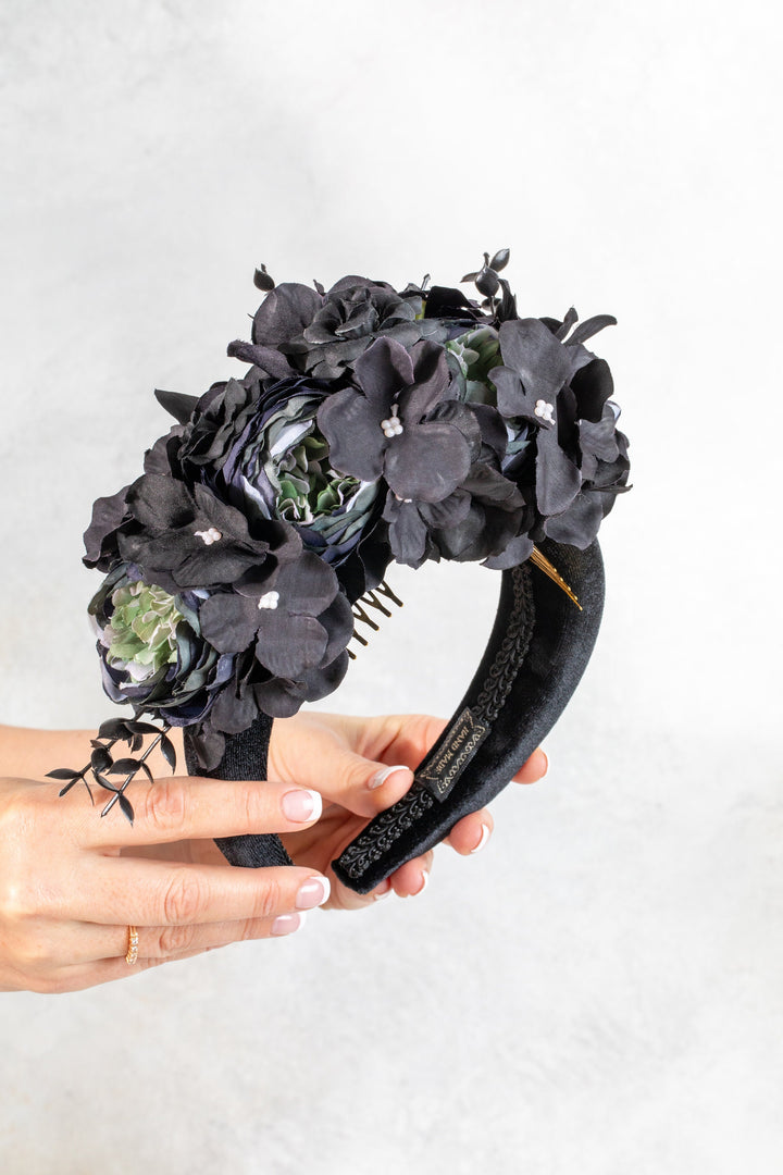 BLACK FLOWER PADDED HEADBAND