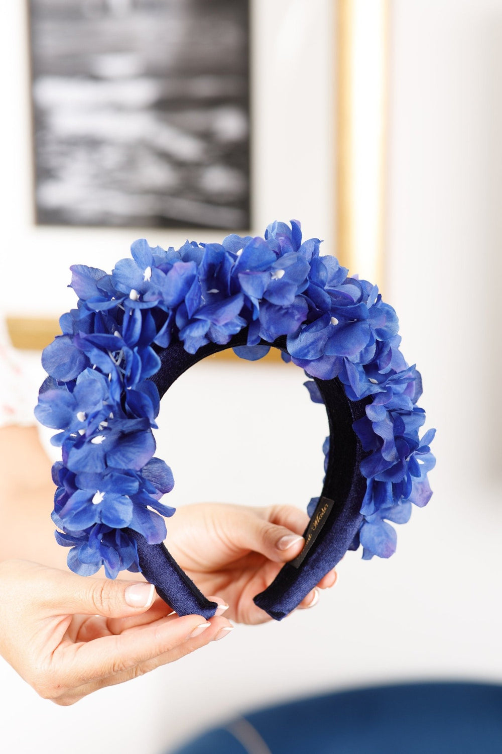 Navy Blue Padded fascinator with hydrangea flower - OlhaHeadband