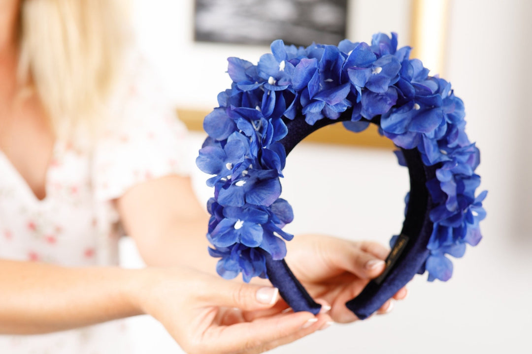 Navy Blue Padded fascinator with hydrangea flower - OlhaHeadband