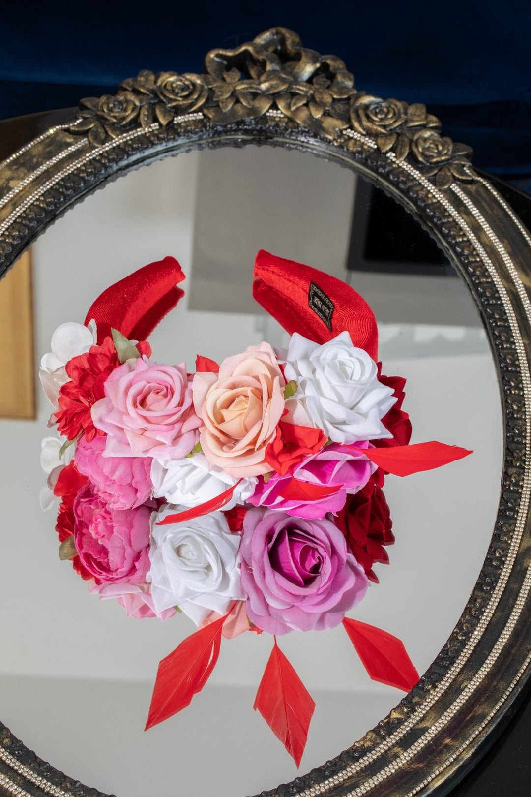 Padded fascinator with red pink flowers - OlhaHeadband