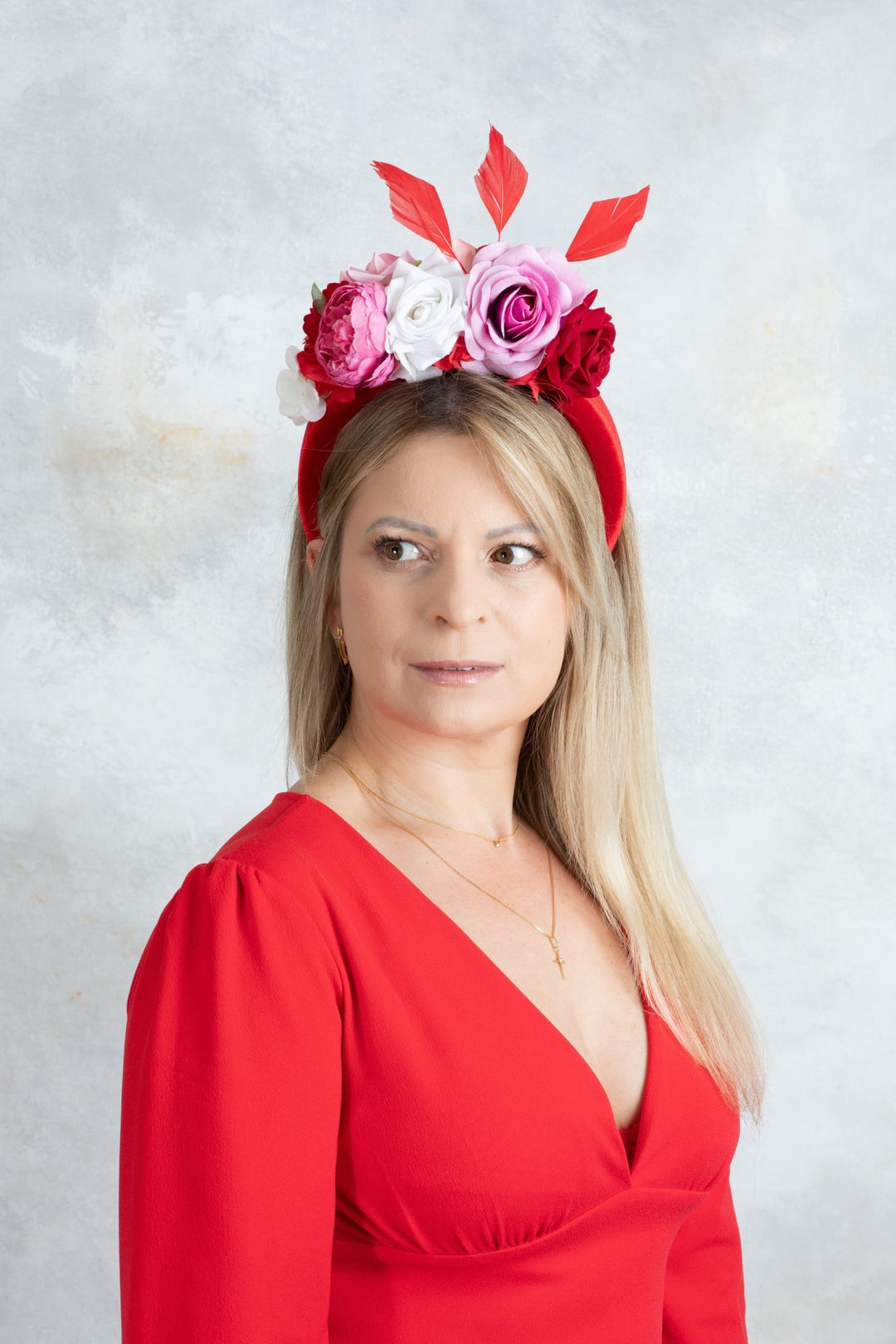 Padded fascinator with red pink flowers - OlhaHeadband