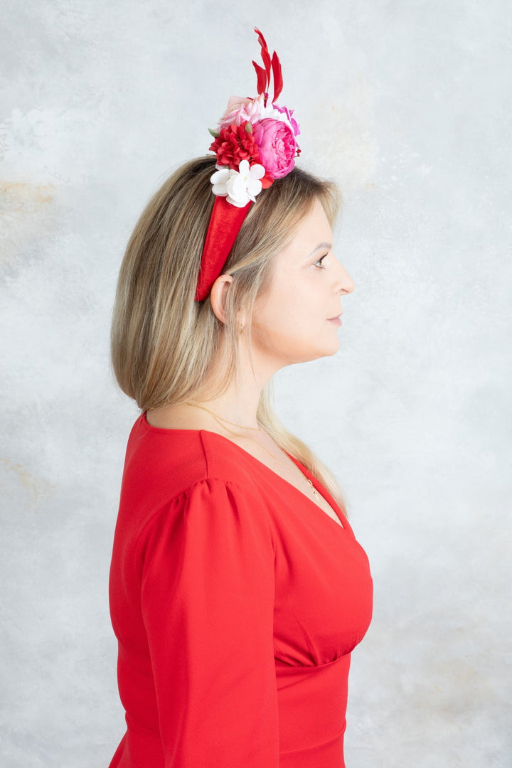 Padded fascinator with red pink flowers - OlhaHeadband