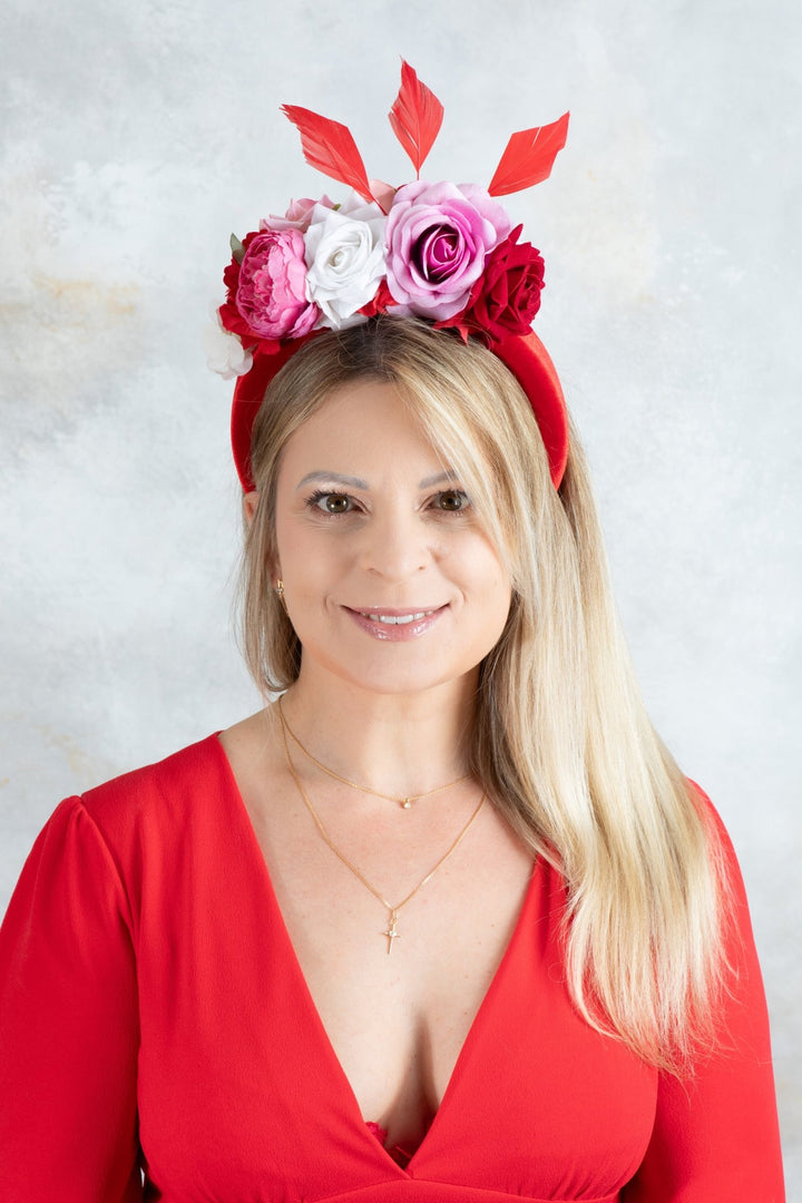 Padded fascinator with red pink flowers - OlhaHeadband