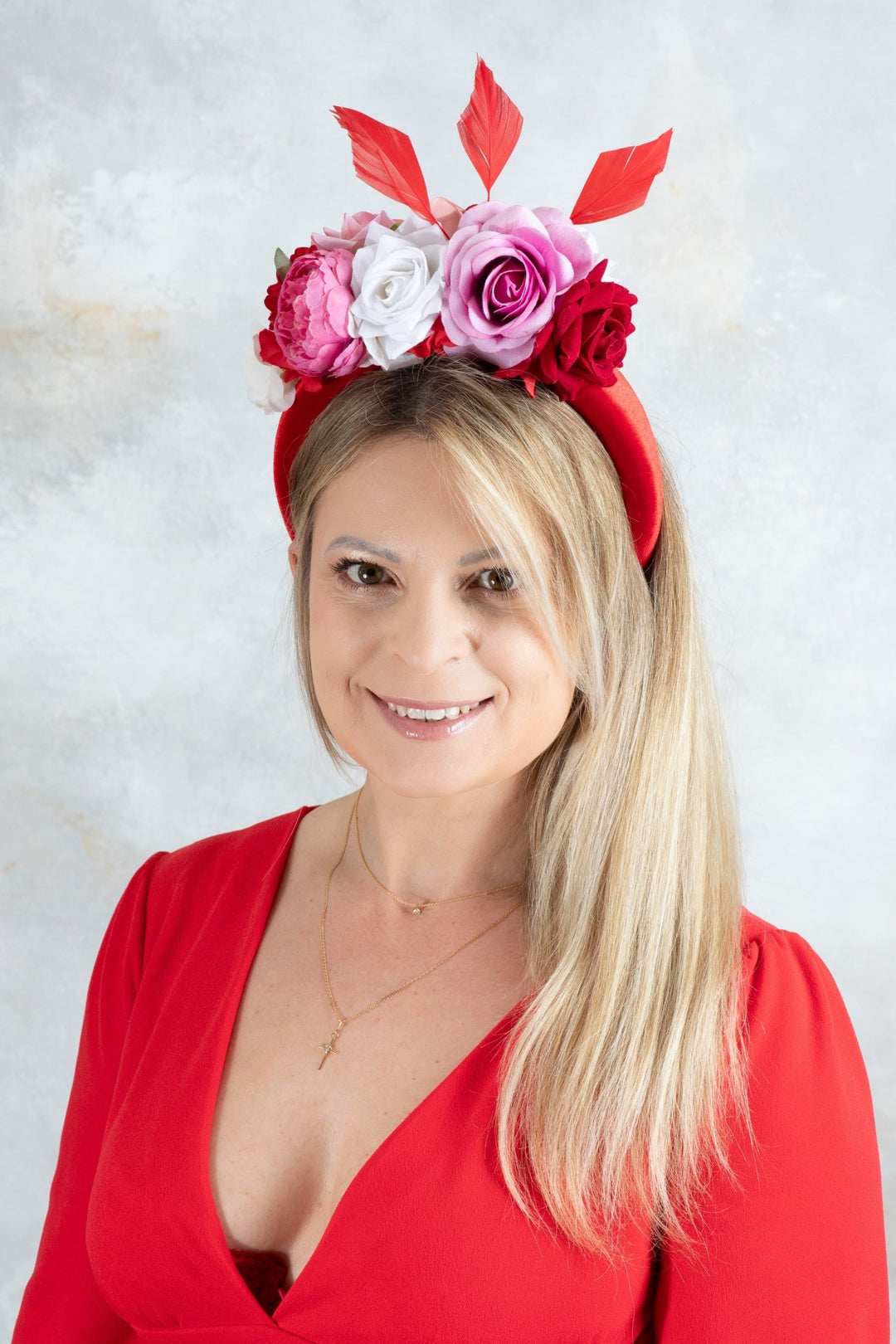 Padded fascinator with red pink flowers - OlhaHeadband