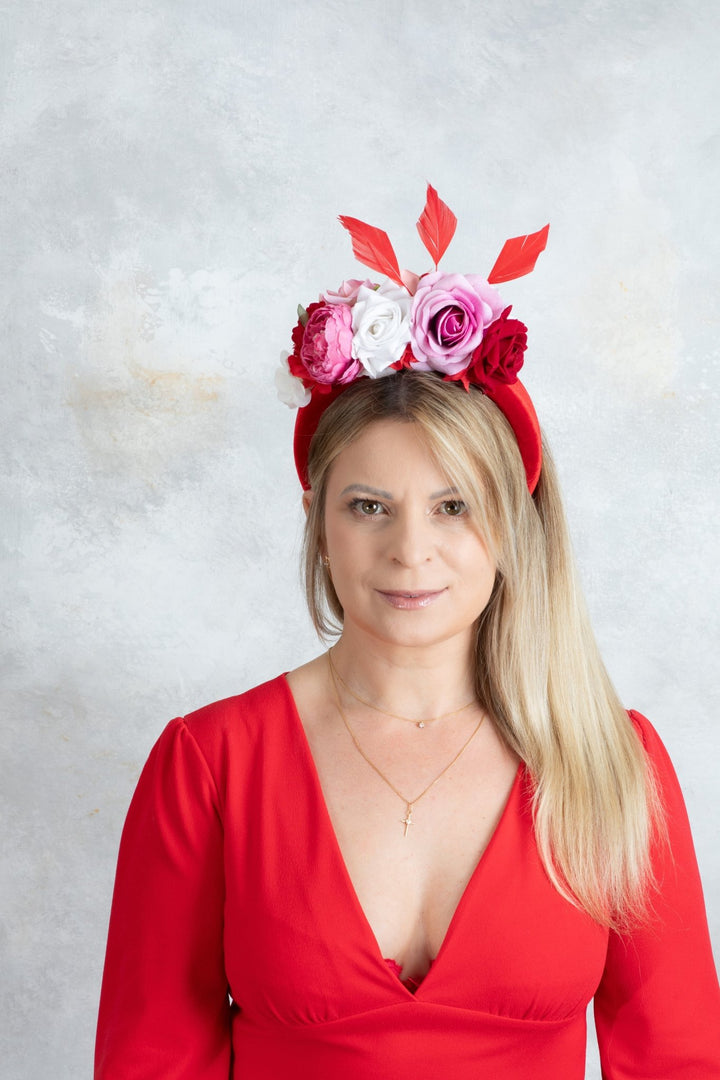 Padded fascinator with red pink flowers - OlhaHeadband