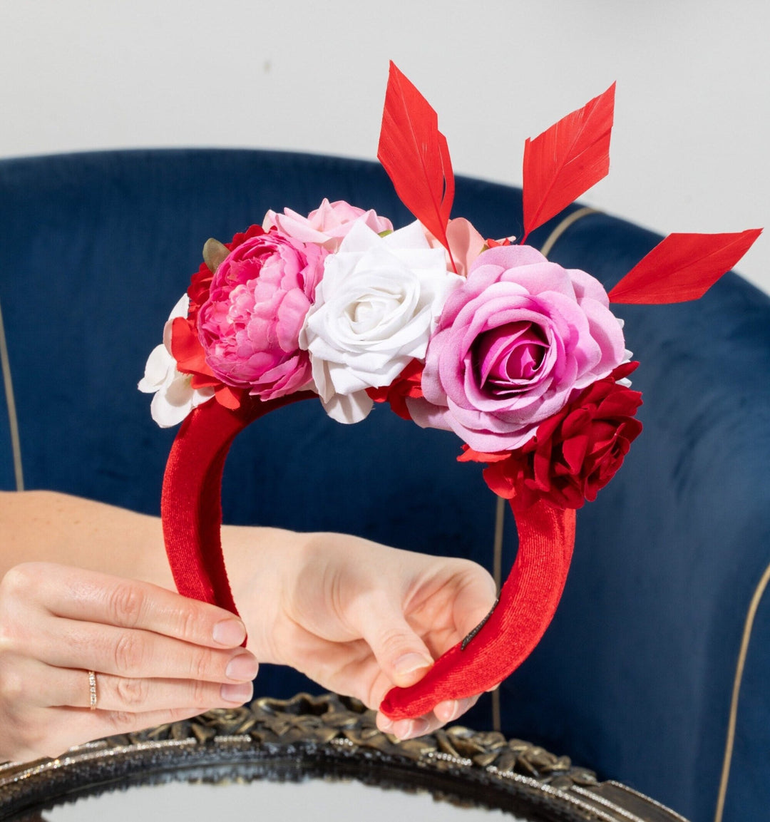 Padded fascinator with red pink flowers - OlhaHeadband