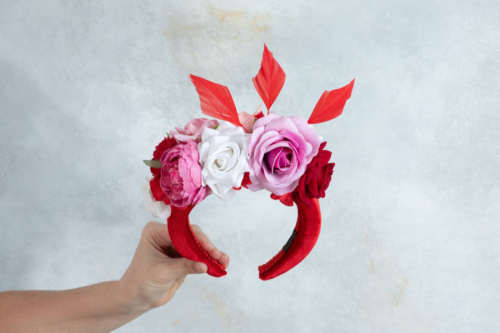 Padded fascinator with red pink flowers - OlhaHeadband