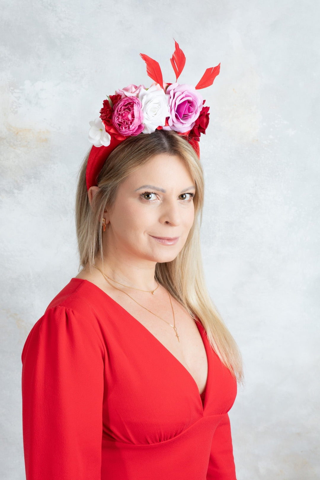 Padded fascinator with red pink flowers - OlhaHeadband