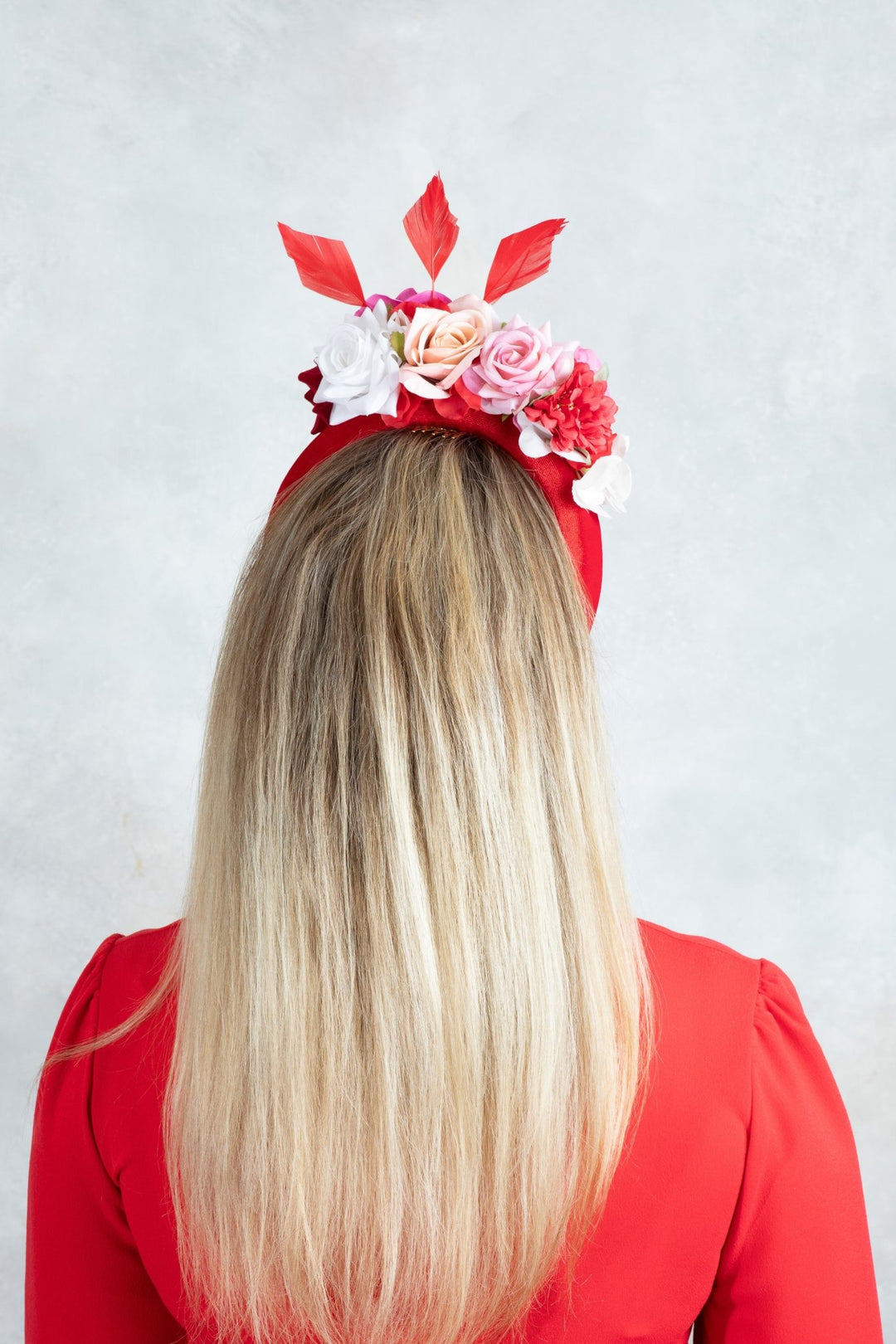 Padded fascinator with red pink flowers - OlhaHeadband