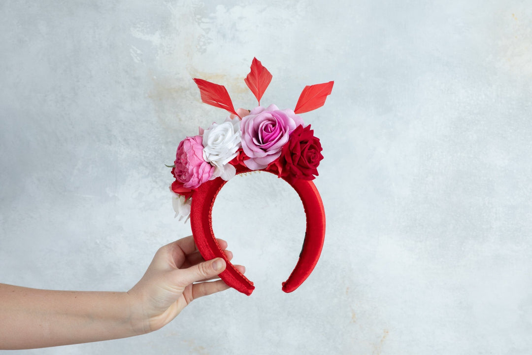 Padded fascinator with red pink flowers - OlhaHeadband