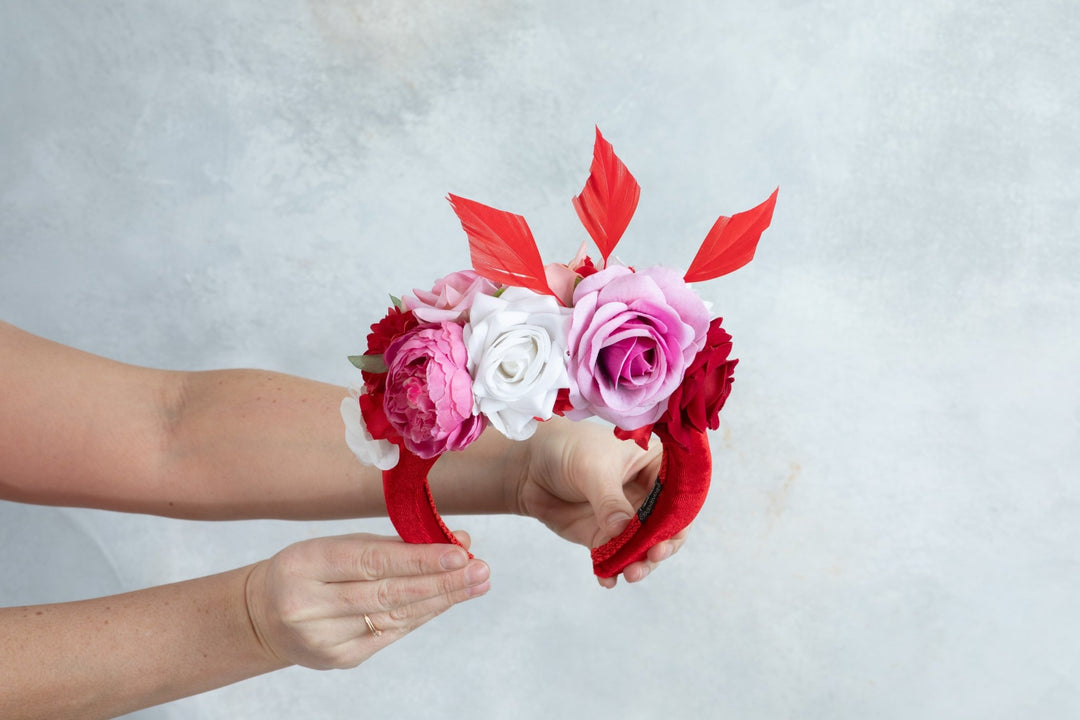 Padded fascinator with red pink flowers - OlhaHeadband