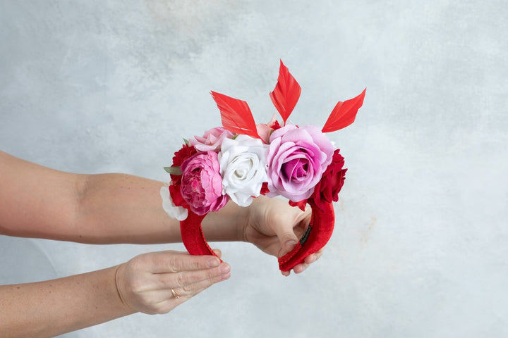 Padded fascinator with red pink flowers - OlhaHeadband