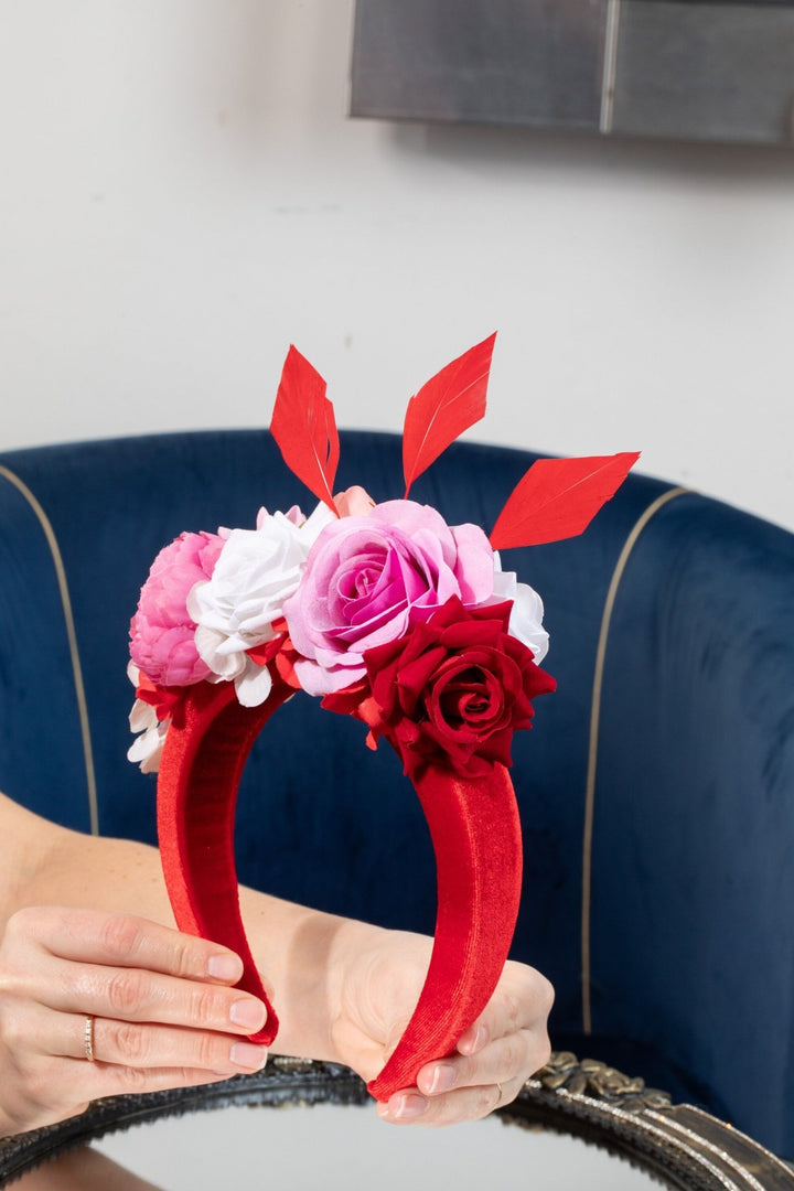 Padded fascinator with red pink flowers - OlhaHeadband