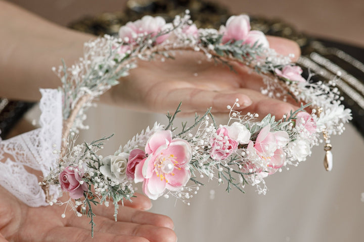 Pink and White Bridal Elf Crown - OlhaHeadband