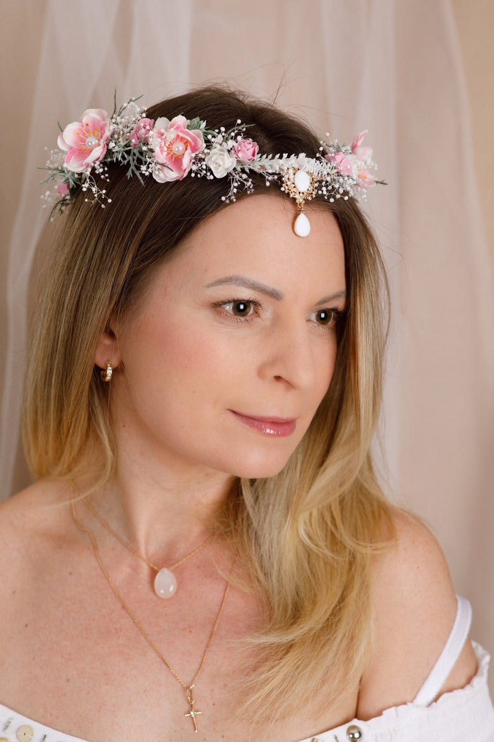 Pink and White Bridal Elf Crown - OlhaHeadband