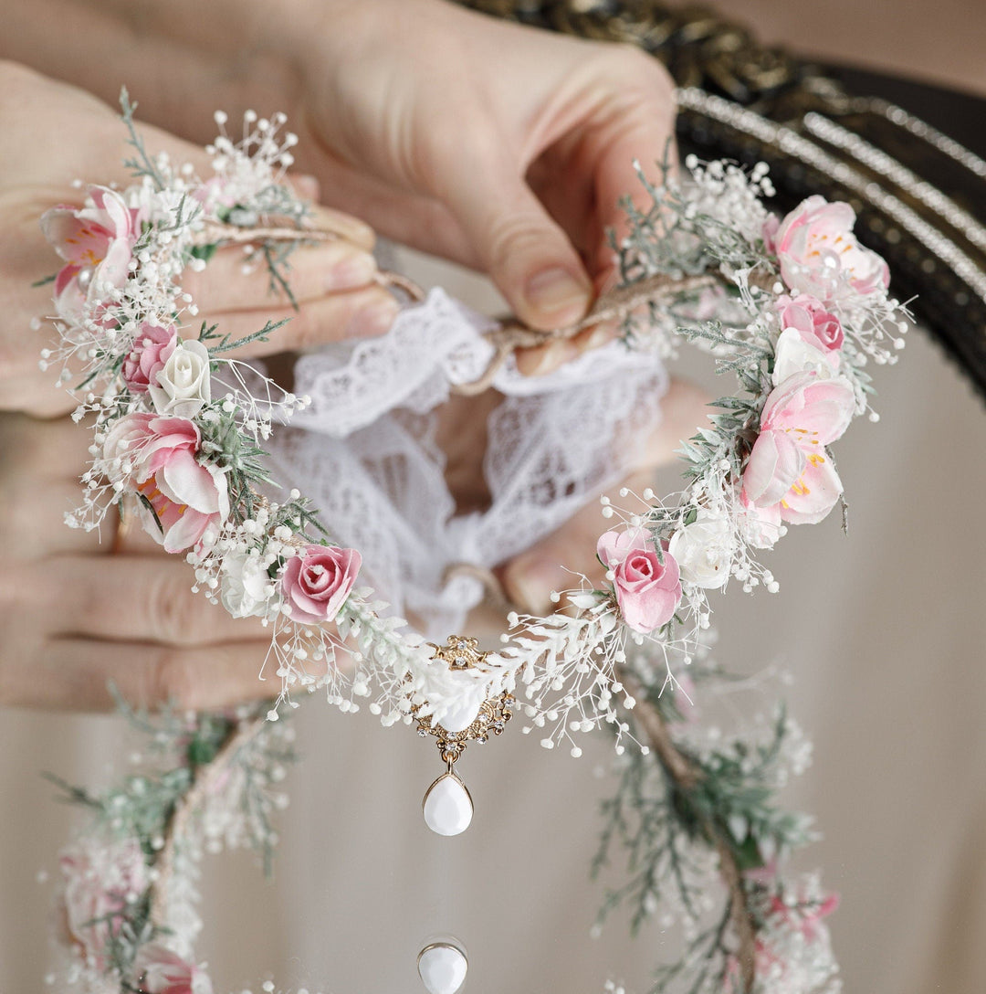 Pink and White Bridal Elf Crown - OlhaHeadband