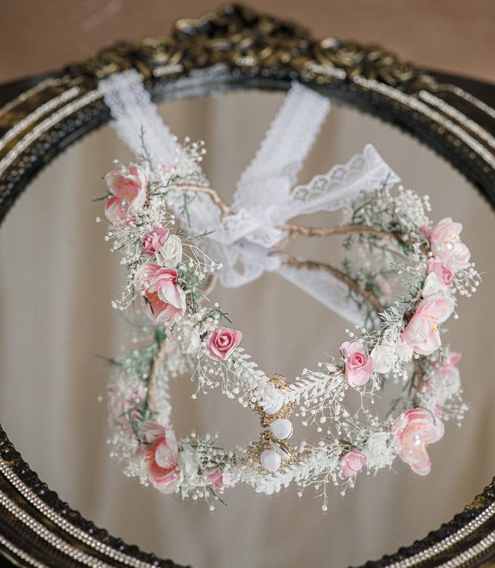 Pink and White Bridal Elf Crown - OlhaHeadband