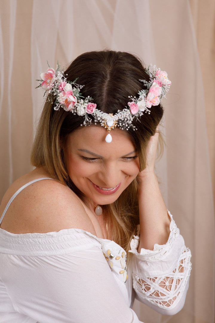 Pink and White Bridal Elf Crown - OlhaHeadband