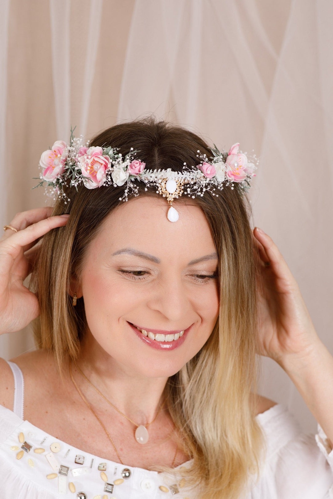 Pink and White Bridal Elf Crown - OlhaHeadband