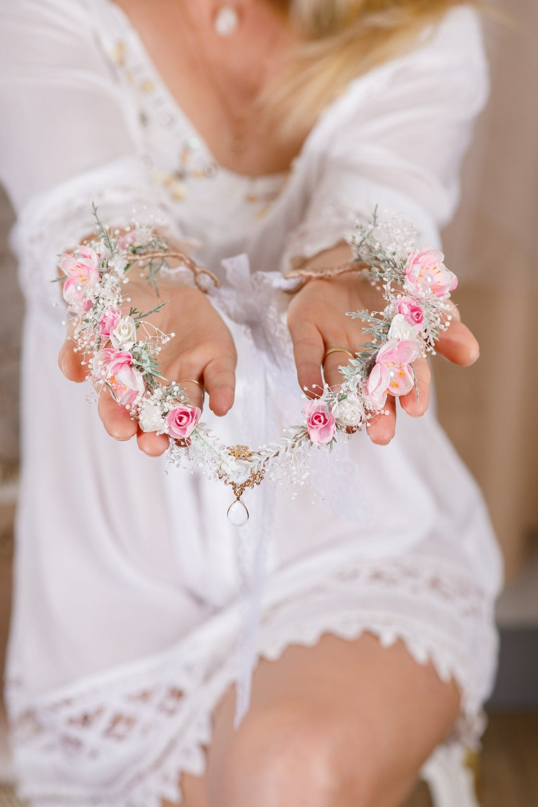 Pink and White Bridal Elf Crown - OlhaHeadband